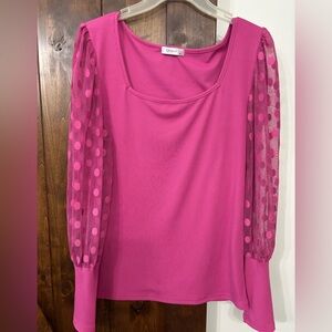 Pink Women's Top with Sheer Polka Dot Sleeves